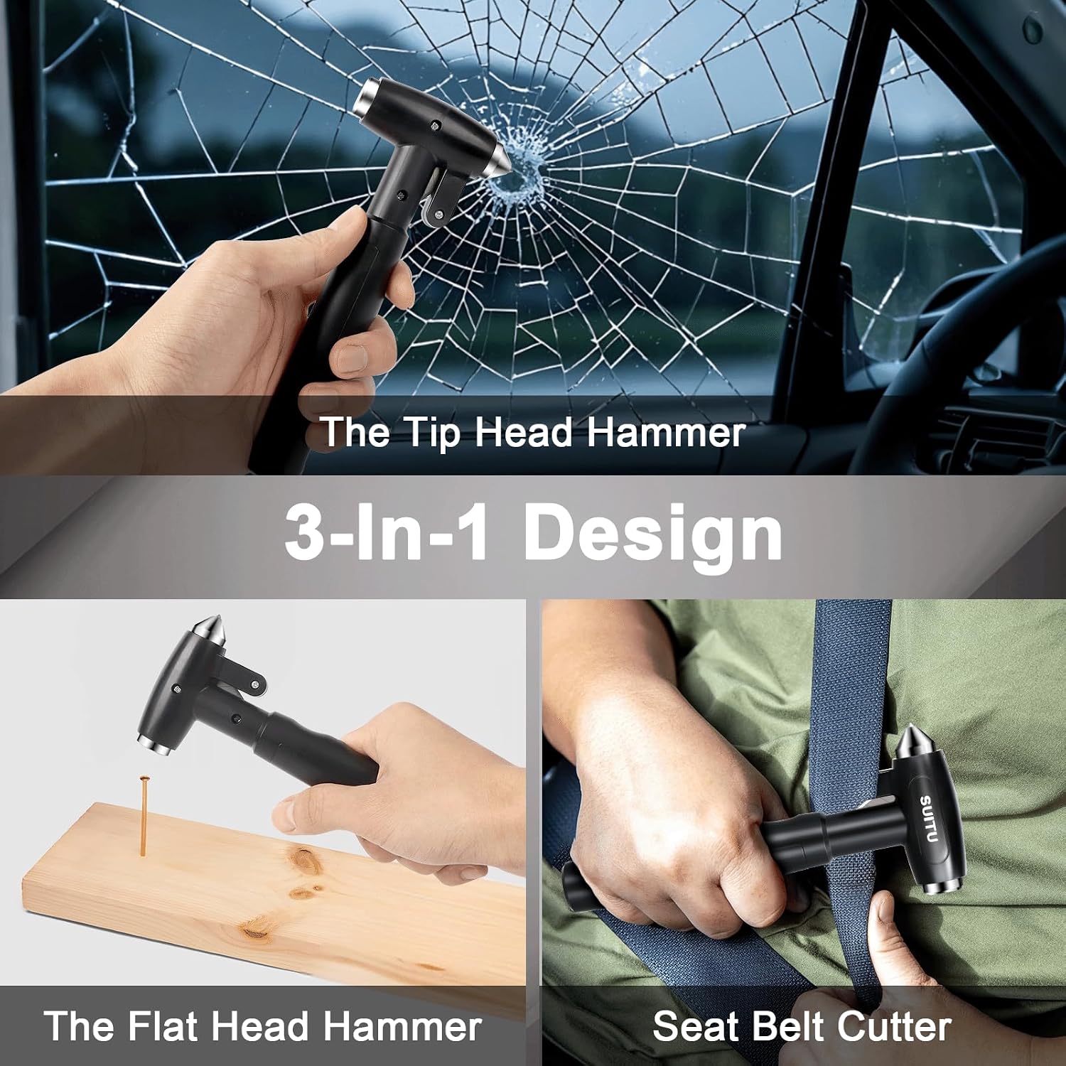 Thumbnail 2 de Car Window Breaker, 3-in-1 Emergency Glass Breaker & Seatbelt Cutter — Aluminum Alloy Car Escape Tool (Black)