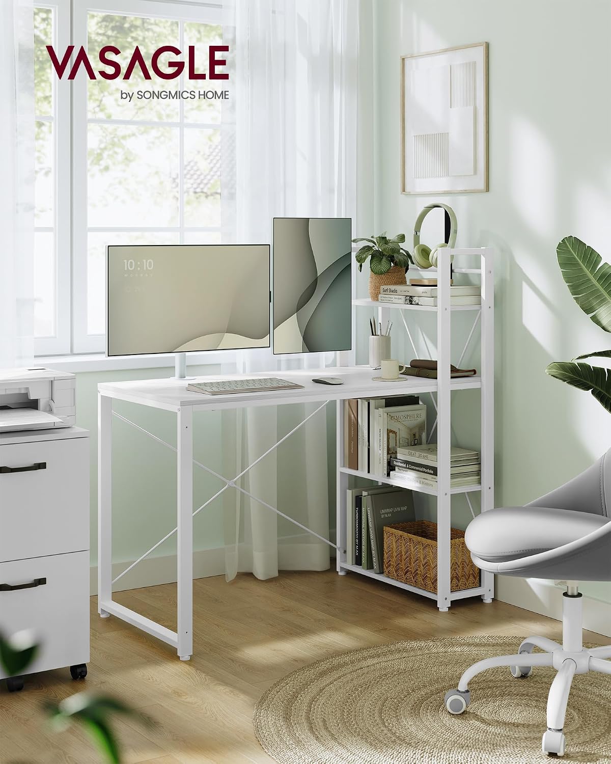 Thumbnail 1 de VASAGLE LWD048W44 Reversible Computer Desk with Shelves, Maple White