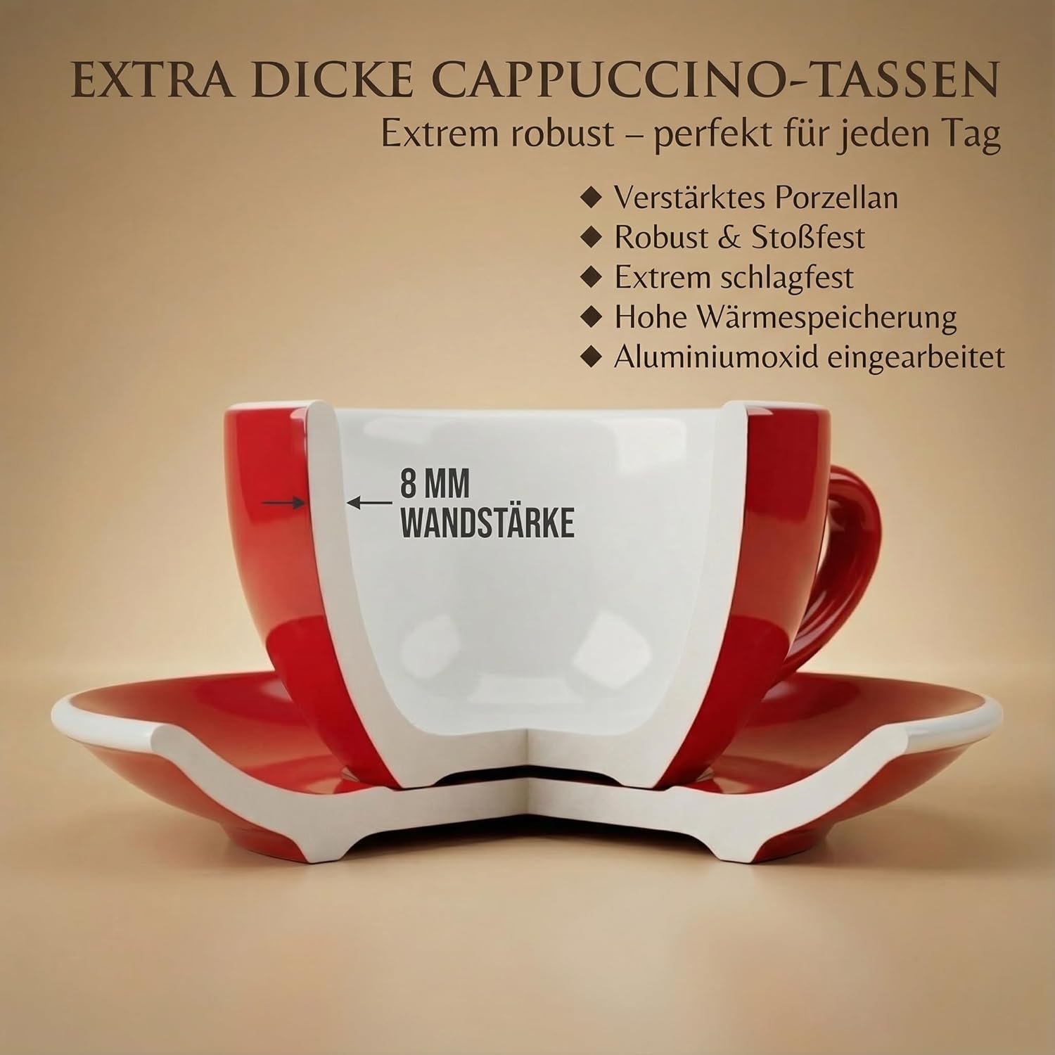 Detalle de MUVELL 6x Cappuccinotassen Rot – Italian Style, spülmaschinenfest, Geschenkset mit Untertassen