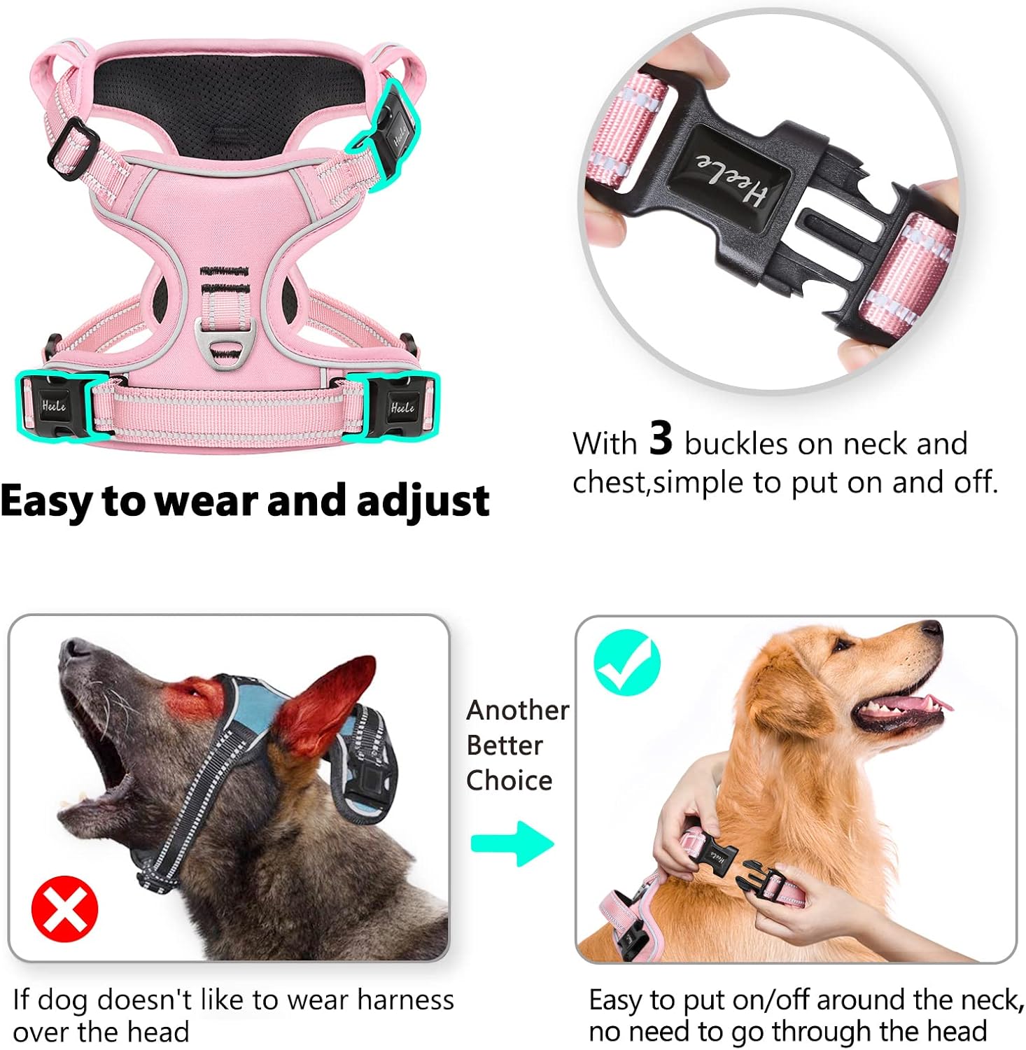 Detalle de HEELE No Pull Dog Harness - Medium (Light Pink) with Front & Back Leash Attachments