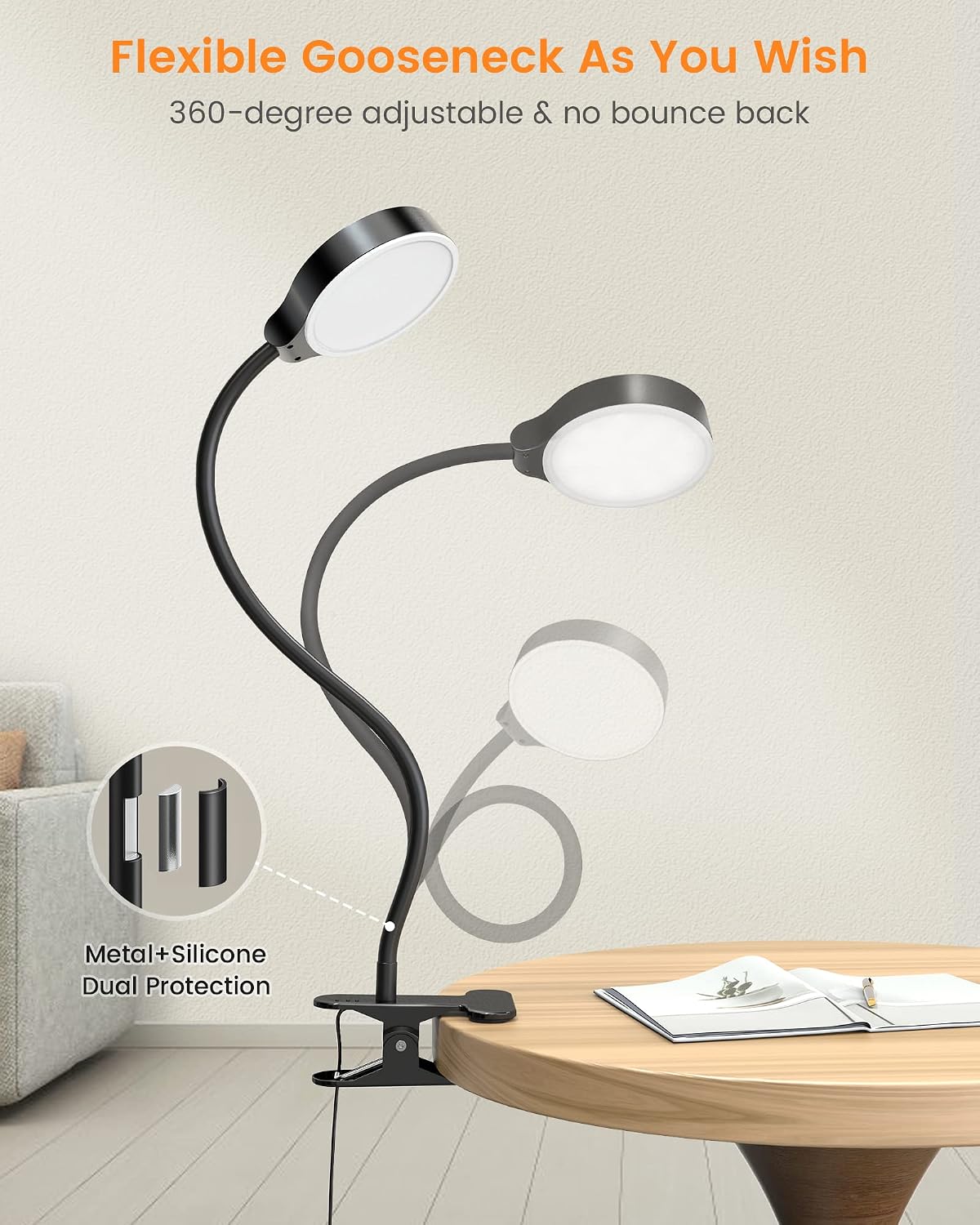 Detalle de Glocusent 5W Clip-On Reading Light, 3 Color Modes, 5 Brightness Levels