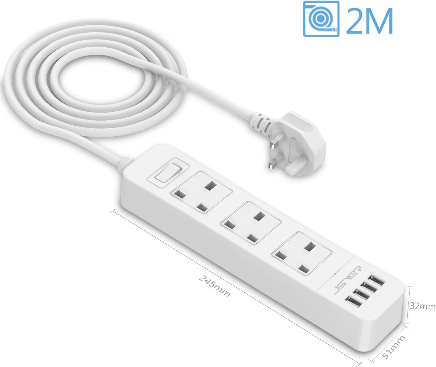 Detalle de JSVER Extension Lead USB 3-outlet 4-USB, 2m cable ๐
