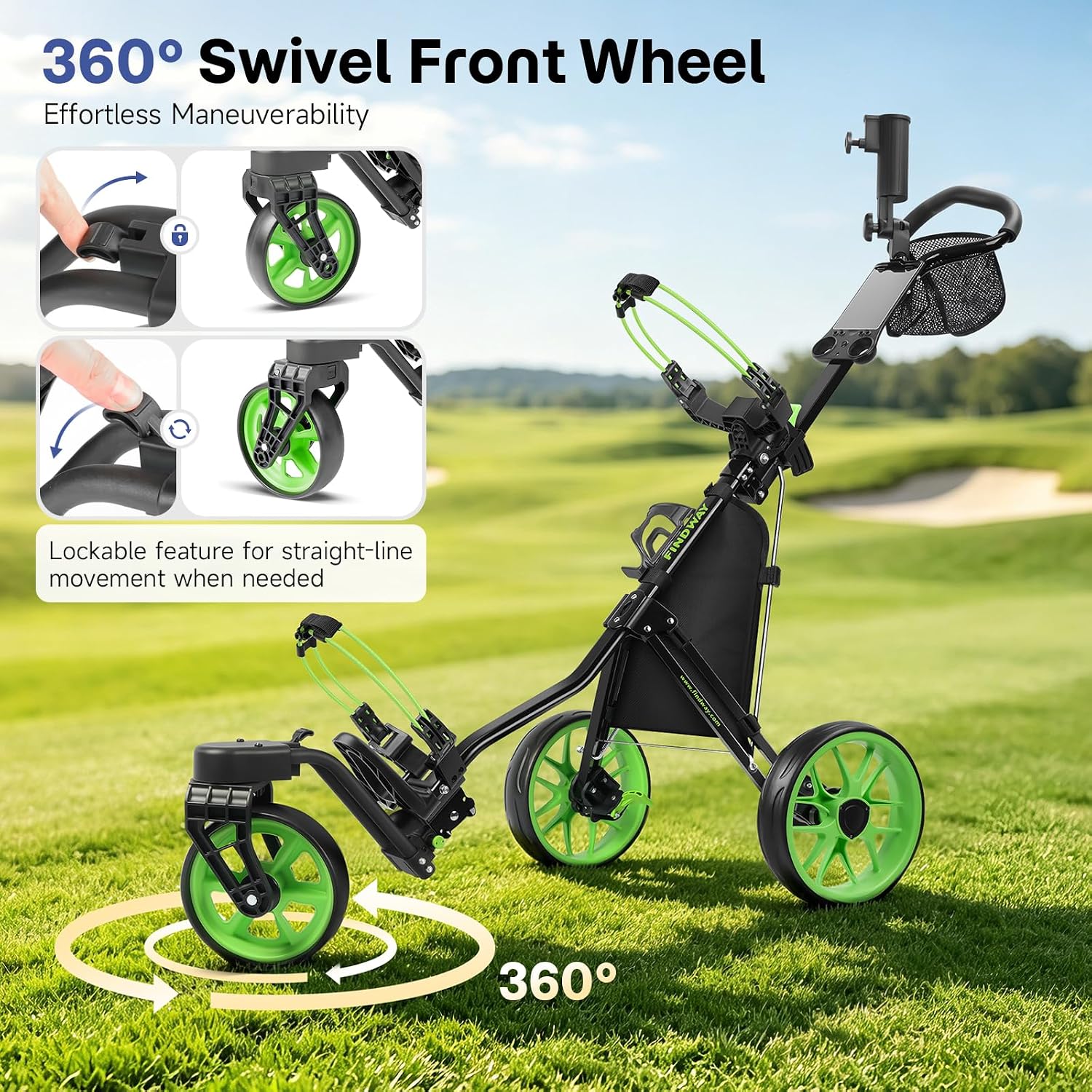 Detalle de Findway 3-Wheel Golf Push Cart with 360° Swivel Front Wheel