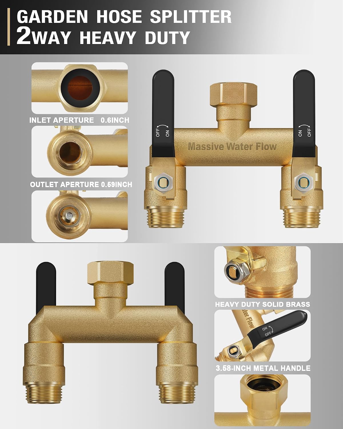 Detalle de HugWaFlw 2-Way Distributor: Solid Brass Garden Water Splitter for Two Devices