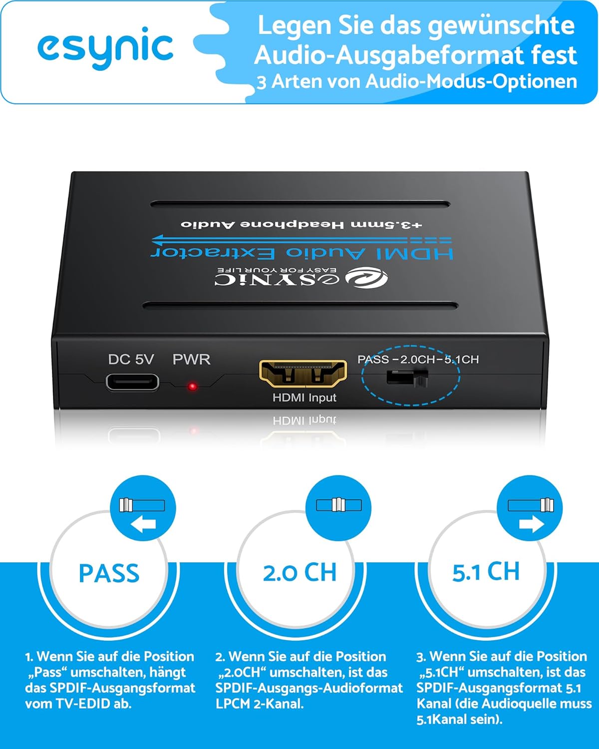 Thumbnail 3 de eSynic Professioneller HDMI-Audio-Extraktor: 4K-HDMI-Adapter mit SPDIF, L/R und 3,5-mm-Ausgang