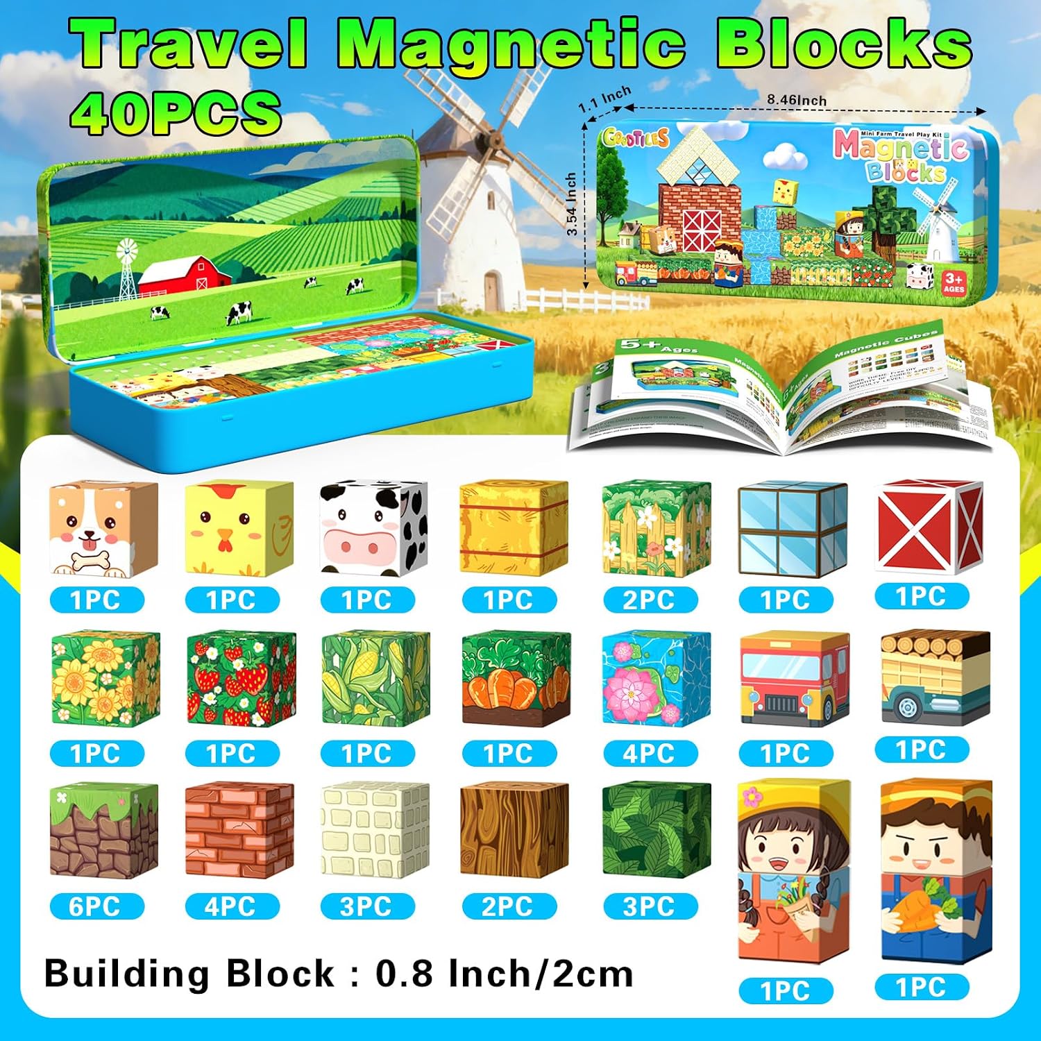 Detalle 2 de Mini Magnetic Blocks Farm Magnetic Building Cubes Set (40 Pieces) with Portable Iron Box