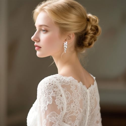 Thumbnail 3 de Aliyoham Bridal Wedding Earrings for Women – Silver Plated Cubic Zirconia Floral Drop Dangle Jewellery