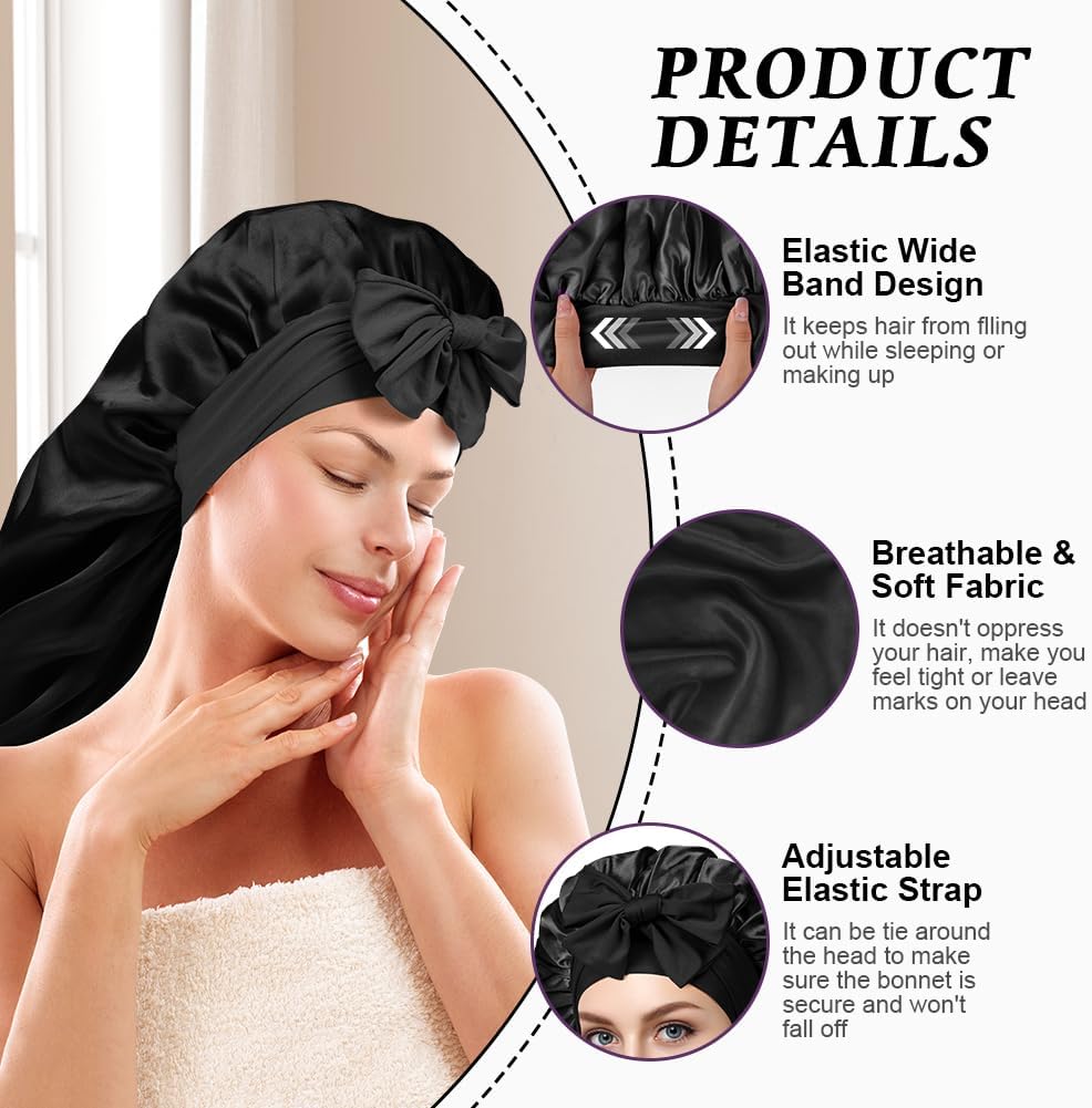 Detalle de ACWOO Bonnet de sommeil en satin avec bande élastique, noir, taille L