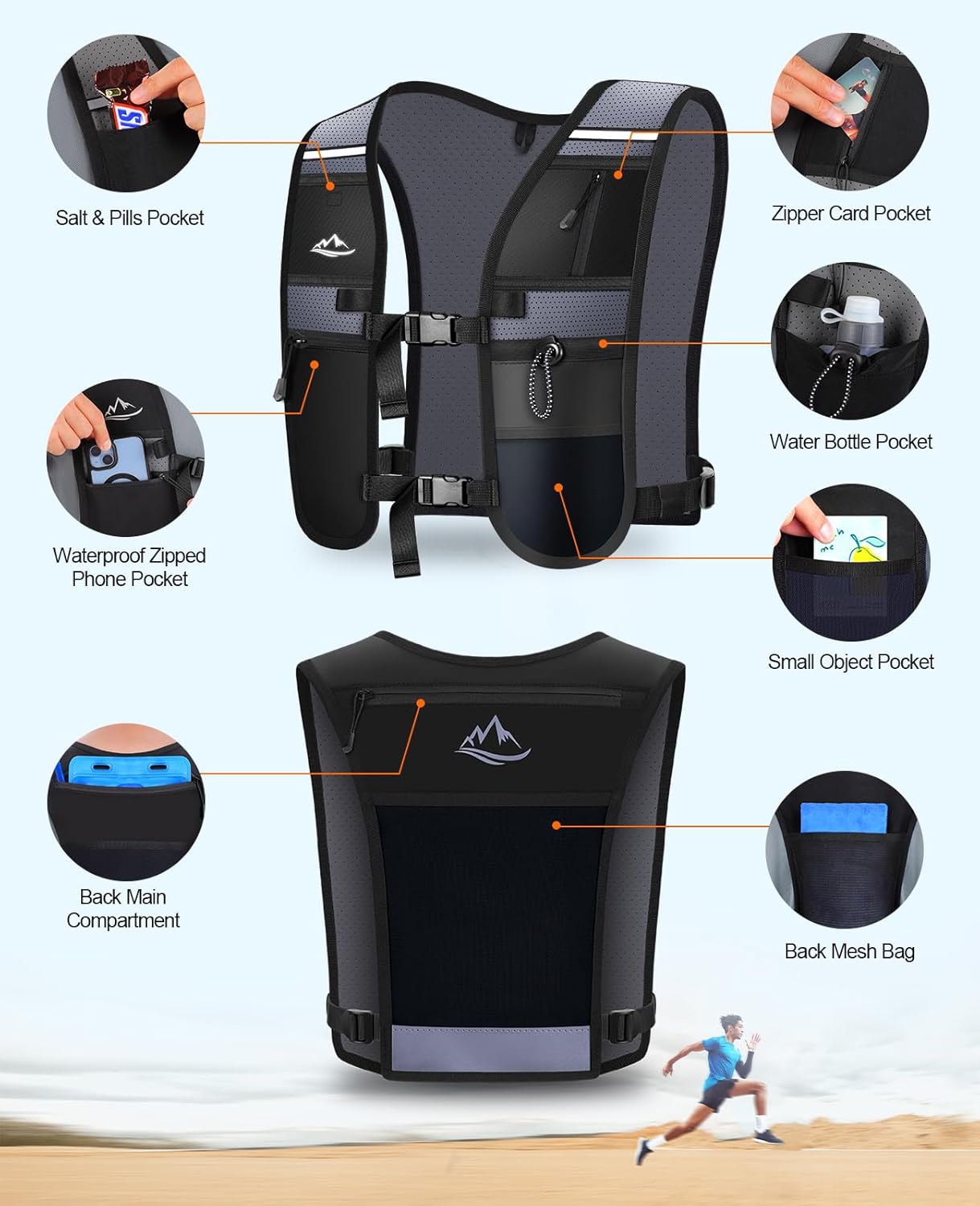 Detalle de Rolgno Running Vest: Lightweight Reflective Hydration Vest with 2L Compartment