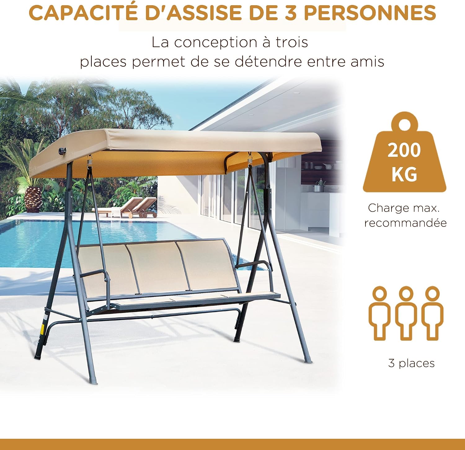 Detalle de Outsunny balancelle de jardin 3 places grand confort, toit à inclinaison réglable, dossier et assise ergonomiques