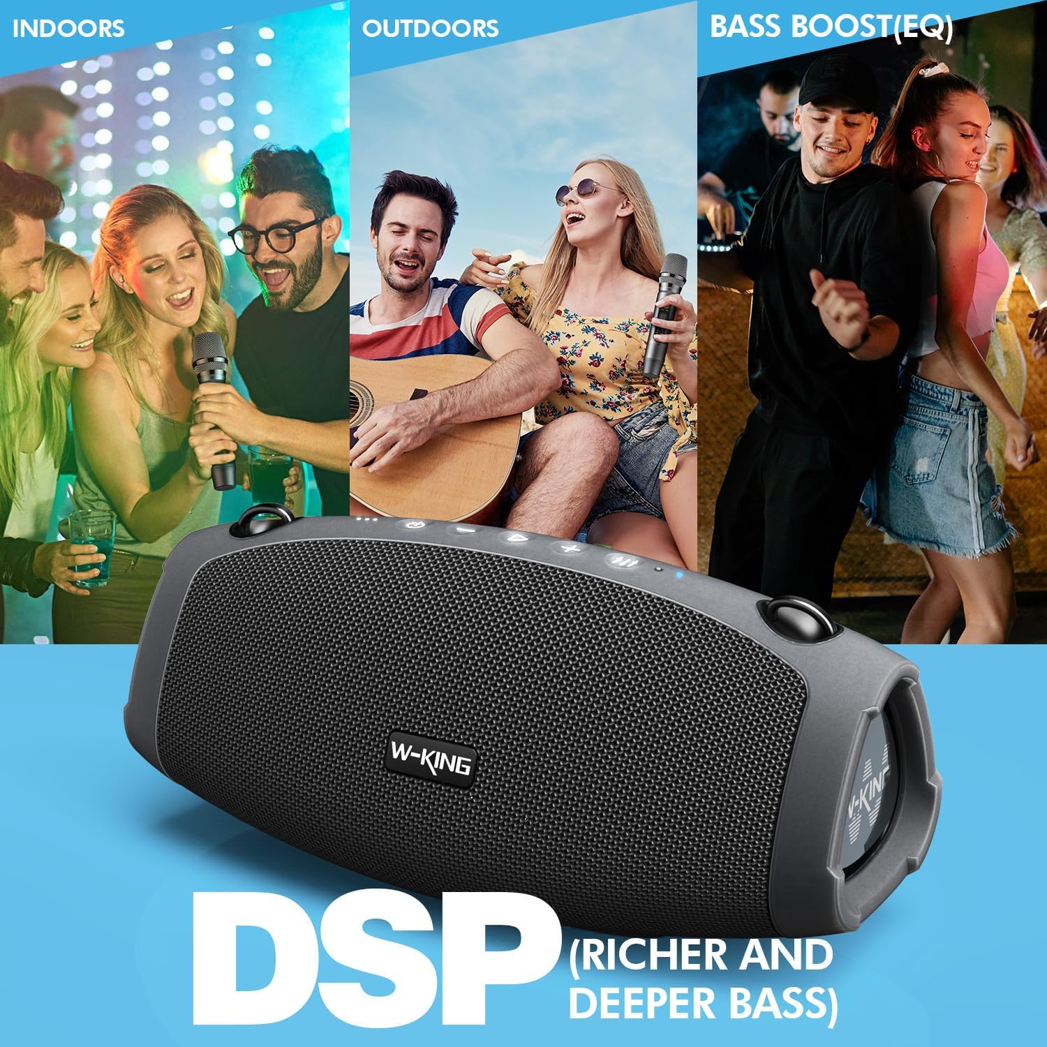 Detalle 2 de W-KING Bluetooth-Lautsprecher (70 W RMS/120 W Peak) mit kabellosem Mikrofon, IPX6 – Outdoor-Box für Musik & Ansagen