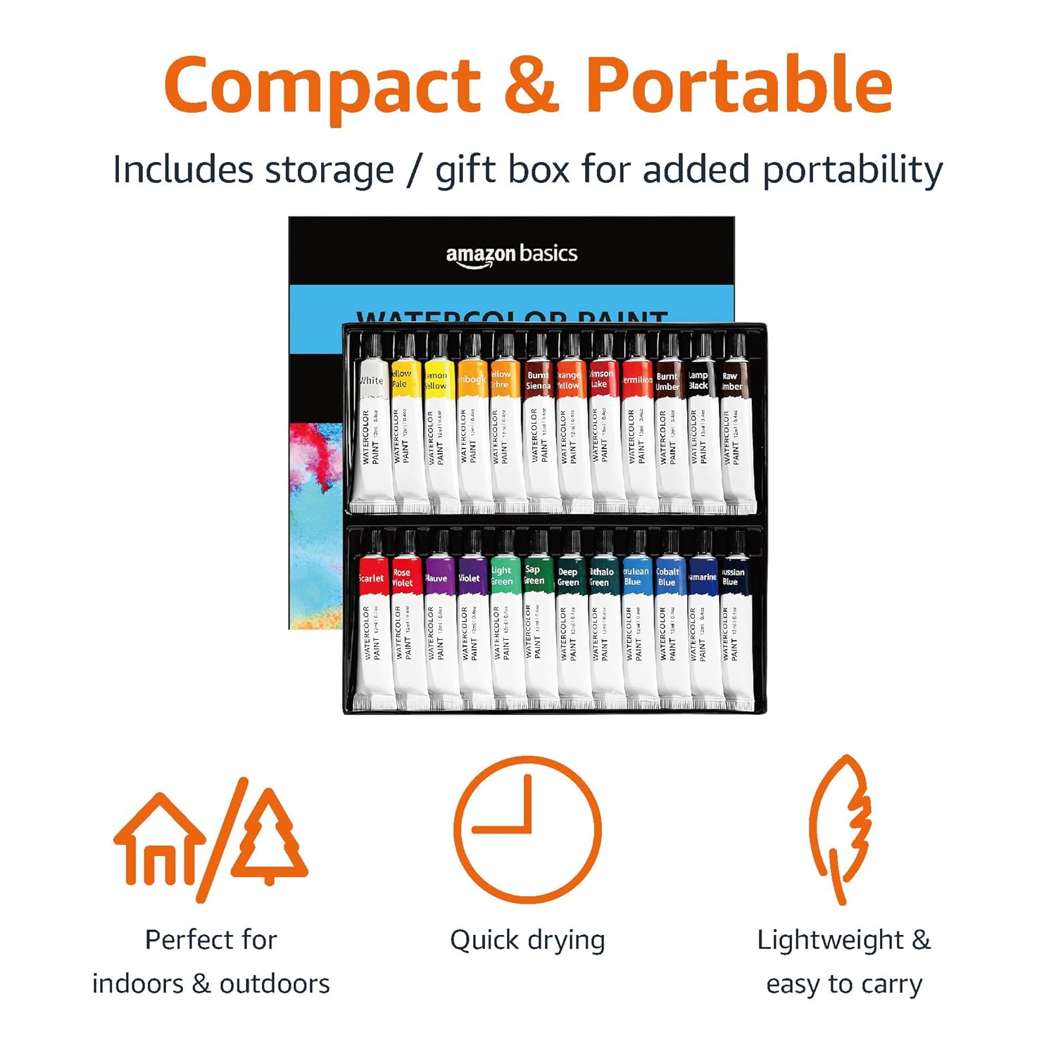 Detalle 2 de Amazon Basics Vibrant Watercolour Paint Set – 24 Tube Colours (12 ml) for Watercolour Paper