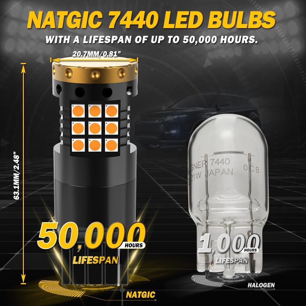 Thumbnail 2 de NATGIC 7440 W21W LED Turn Signal Bulbs (2-Pack) Amber – 3700LM, 18W Each, Canbus Anti-Hyper Flash
