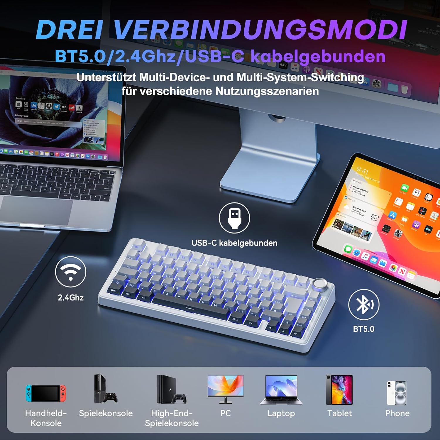 Detalle de TECURS 75% Gaming Tastatur Kabellos mit Hot-Swap, Drehknopf und PBT-Kappen – QWERTZ Gradient Grau