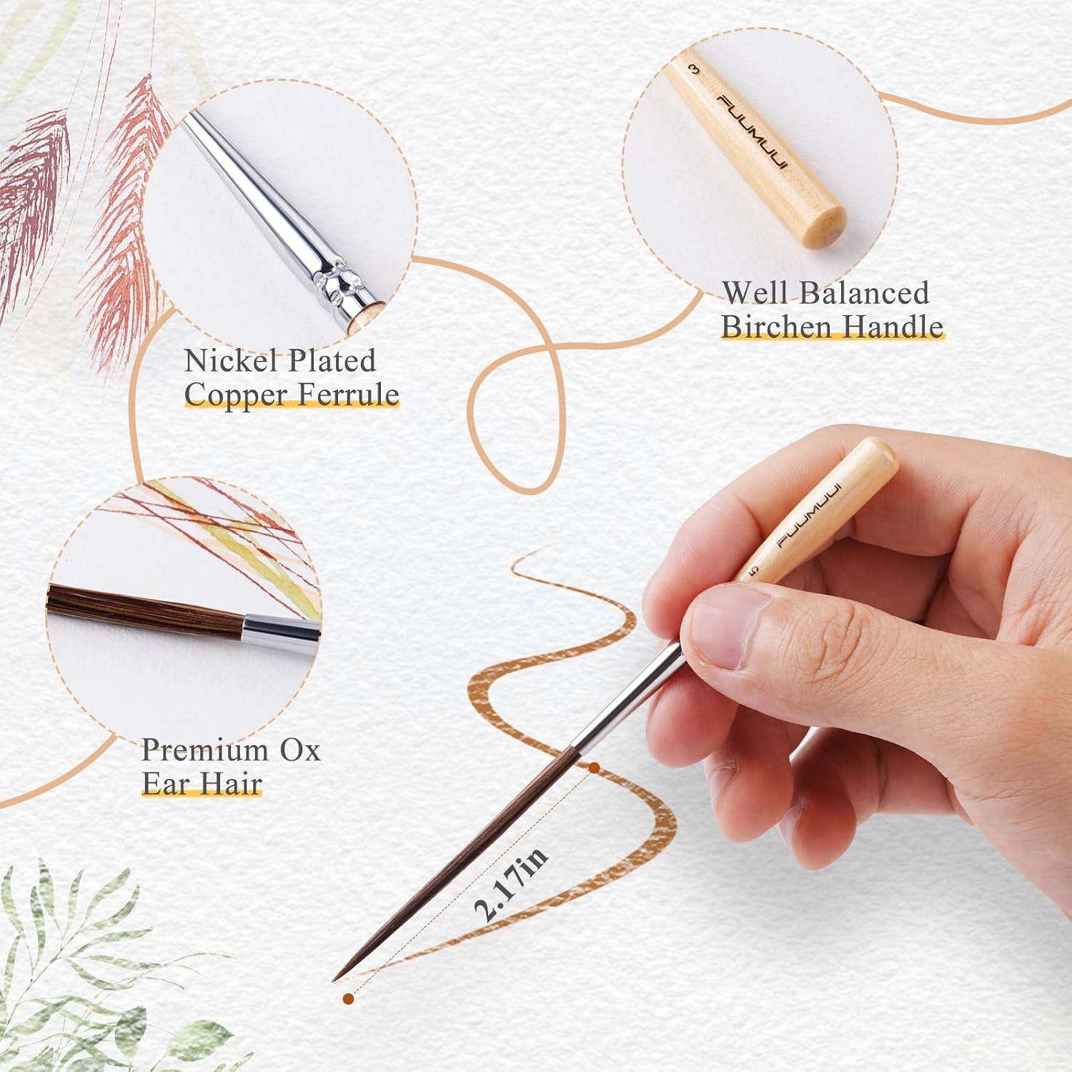 Detalle de Fuumuui 3PCS Long Liner Brush – Natural Ox Hair, UK Design Patent, for Watercolour to Acrylics