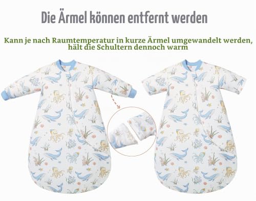 Detalle de Chilsuessy Baby Schlafsack Winter mit abnehmbaren Langarm – Bio Baumwolle, 2.5 Tog, Blau Unterwasserwelt, 90–110 cm