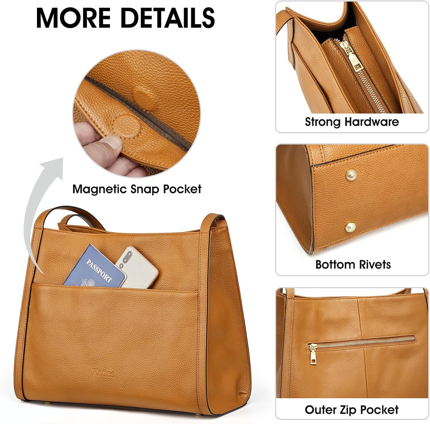 Detalle de Kattee Sac fourre-tout en cuir véritable pour femme – élégance et praticité au quotidien