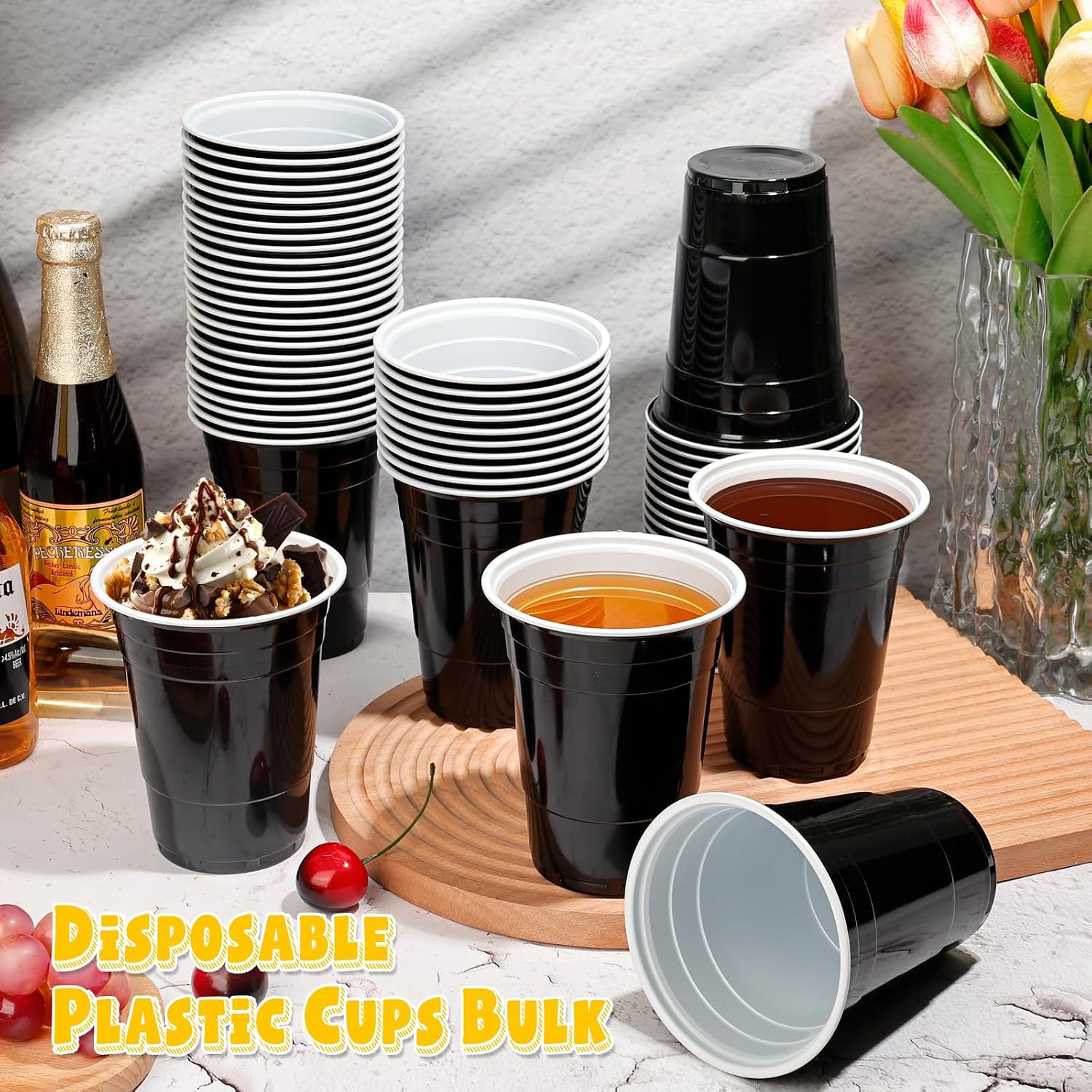 Detalle de DI QIU REN 16 oz Black Plastic Cups, 100-Pack, Stackable with Fill Lines
