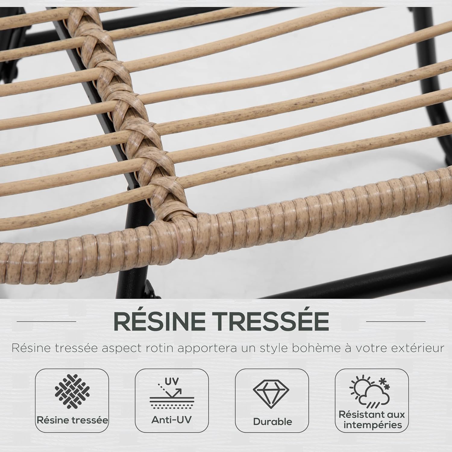 Thumbnail 3 de Outsunny Fauteuil Chaise de Jardin avec Repose-Pieds en métal époxy et résine tressée – Naturel