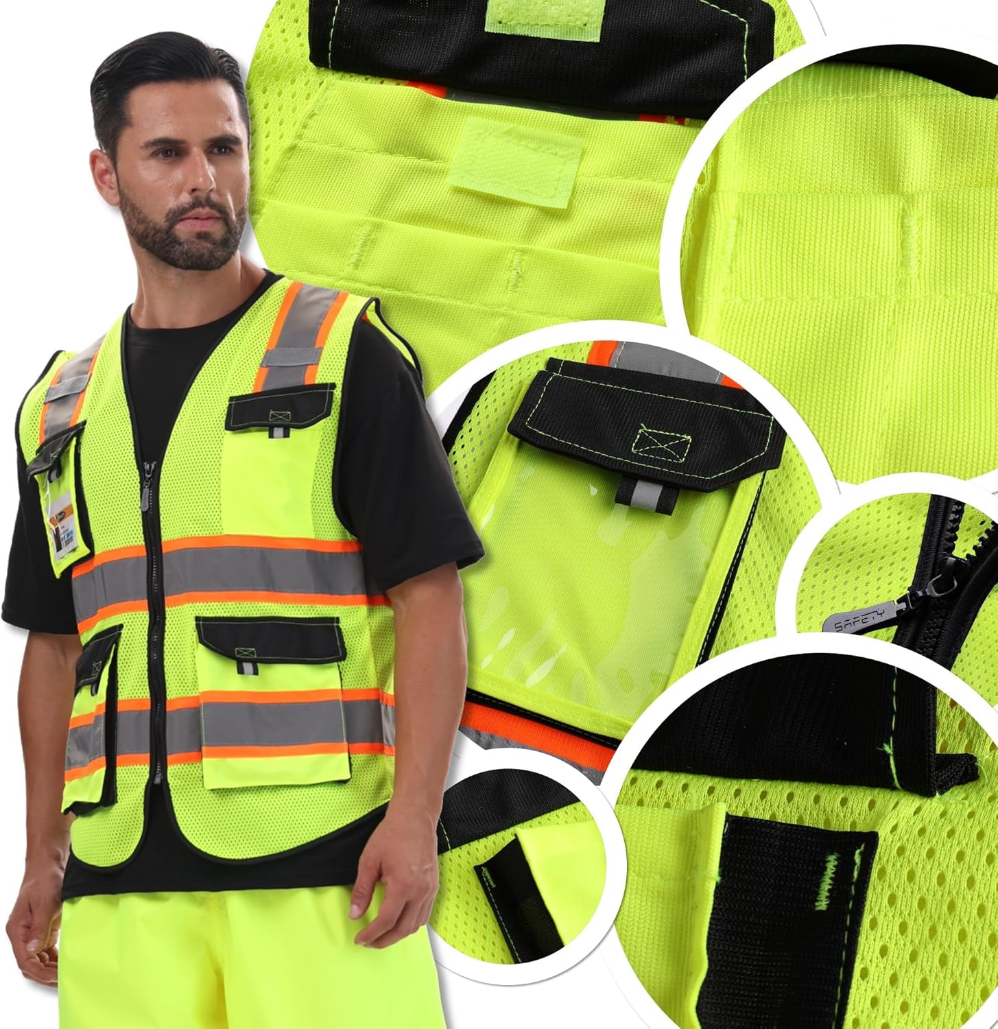 Detalle 2 de JKSafety JK220 Safety Vest, Yellow XL Mesh, Class 2, 5 Utility Pockets