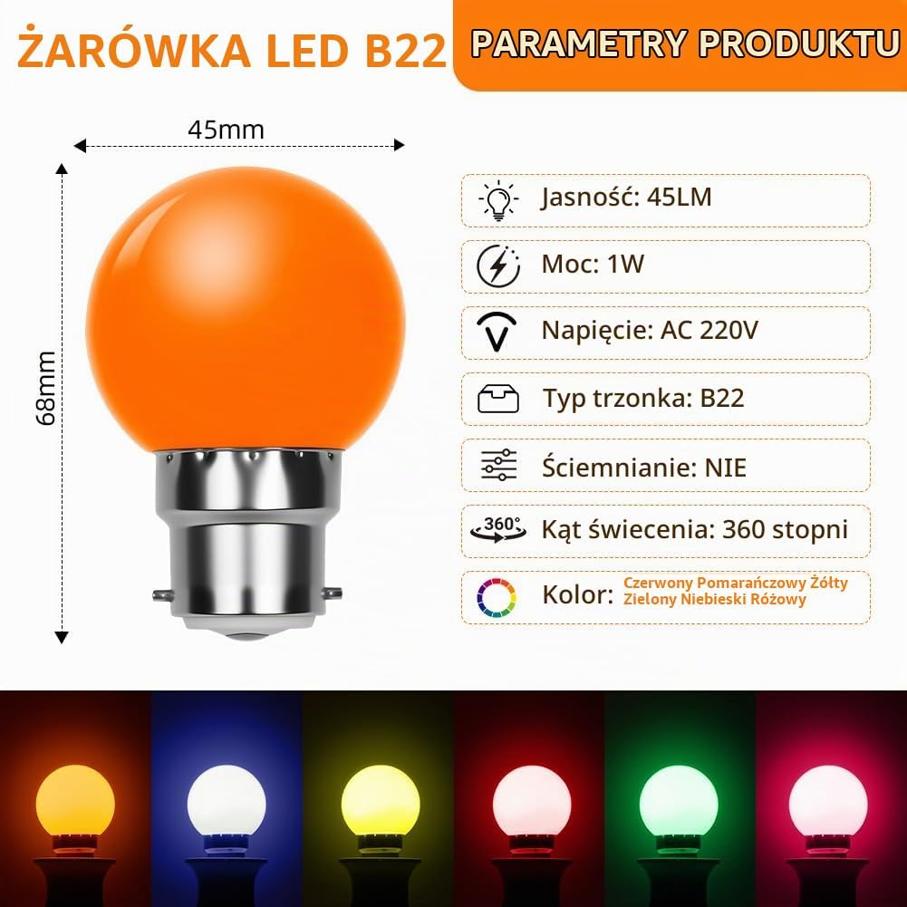 Thumbnail 1 de AUAUY 5164597 – żarówki LED G45 B22, 1 W, zestaw 12 sztuk w 6 kolorach