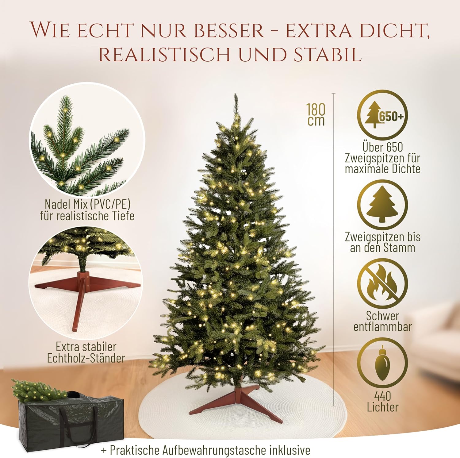 Detalle de Premium Künstlicher Weihnachtsbaum mit Beleuchtung 180 cm – naturgetreuer Tannenbaum, 440 warmweiß-goldene LEDs, 8 Lichtmodi & Timer