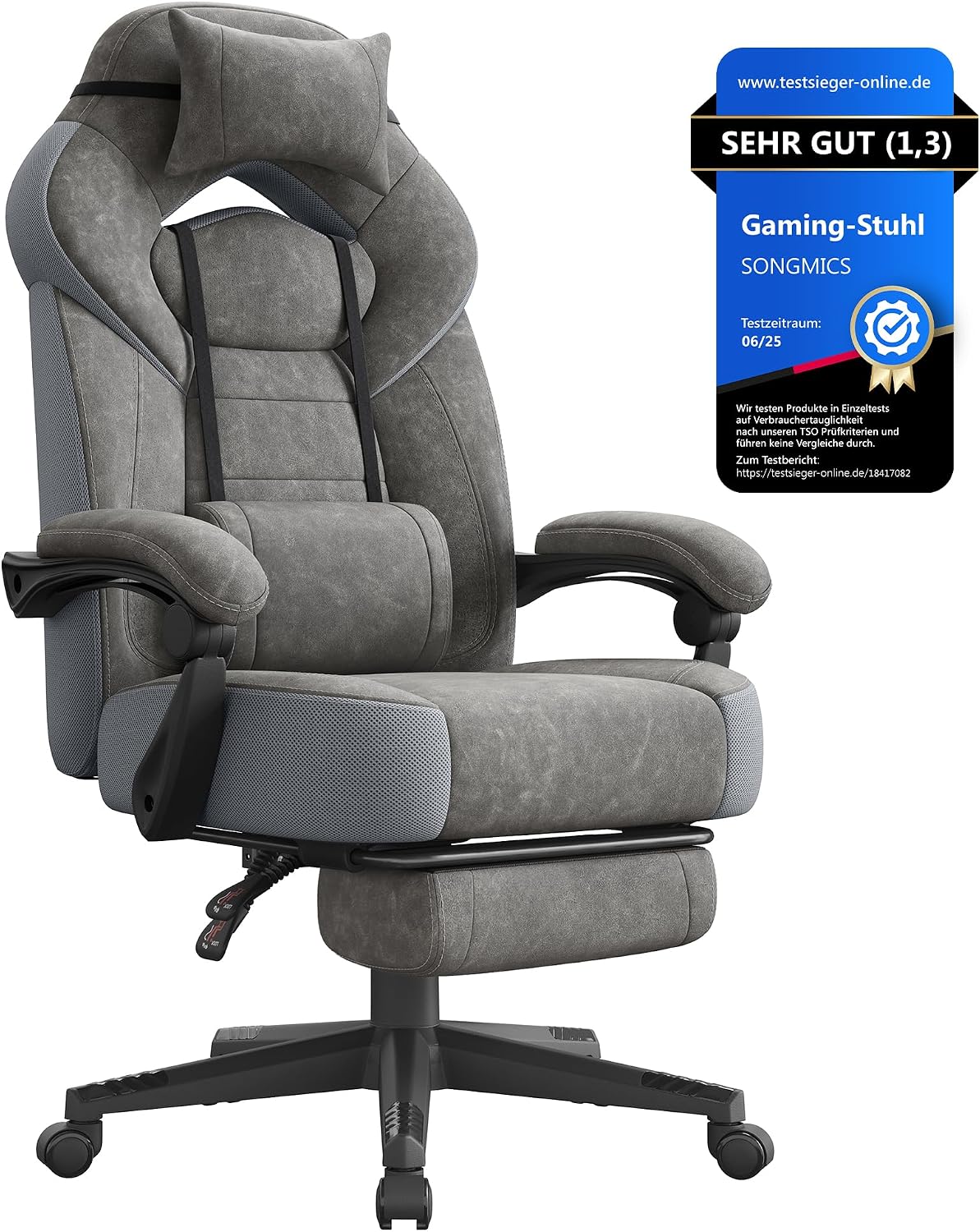 Detalle de SONGMICS Gaming-Stuhl, Bürostuhl, Computerstuhl mit Fußstütze und ergonomischem Design (OBG077G01) – schiefergrau