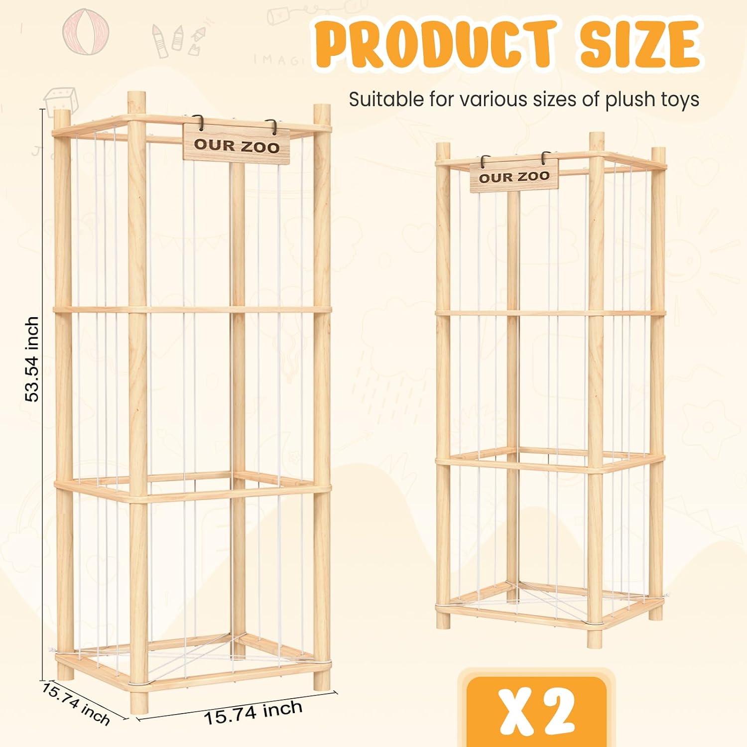 Thumbnail 2 de Woodure WDUS2170 Stuffed Animal Organizer Set, 2-Piece Wooden Zoo Storage