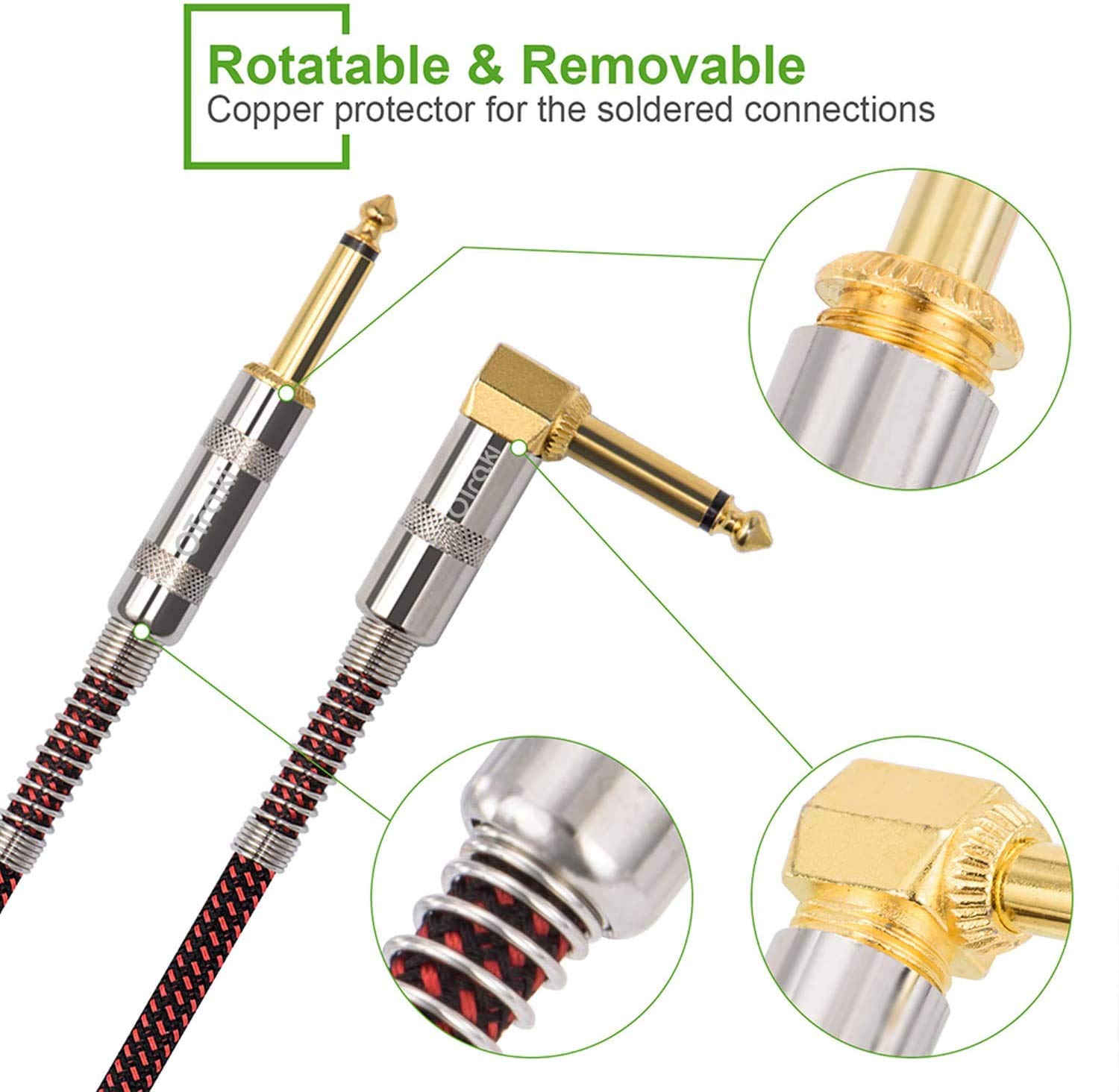 Thumbnail 1 de OTraki Guitar Cable 1m (2-Pack) – 6.35mm Straight to Right Angle, Braided Noiseless Amp Cable