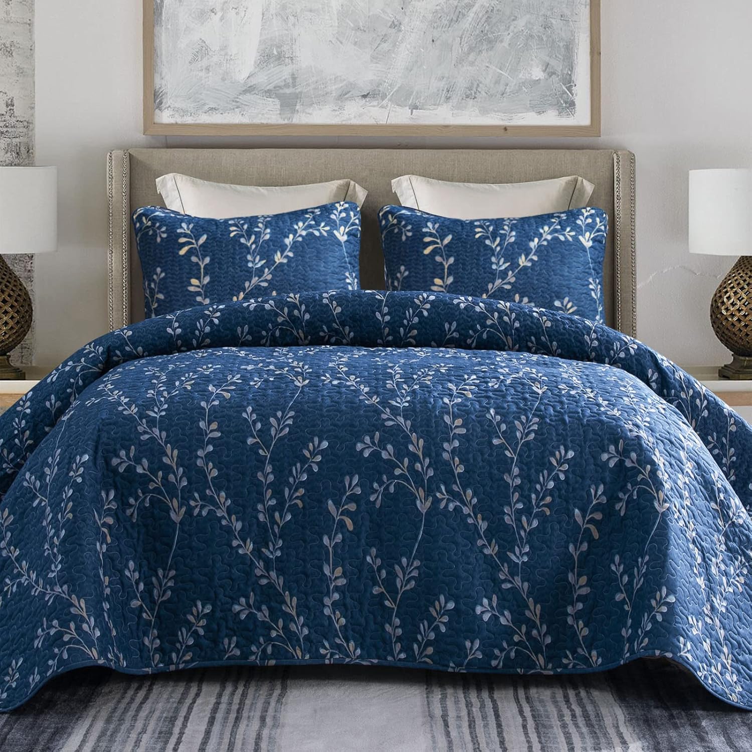 Detalle de Exclusivo Mezcla QS-13-BNAVY-Q Queen Floral Quilt Set, Reversible Microfiber