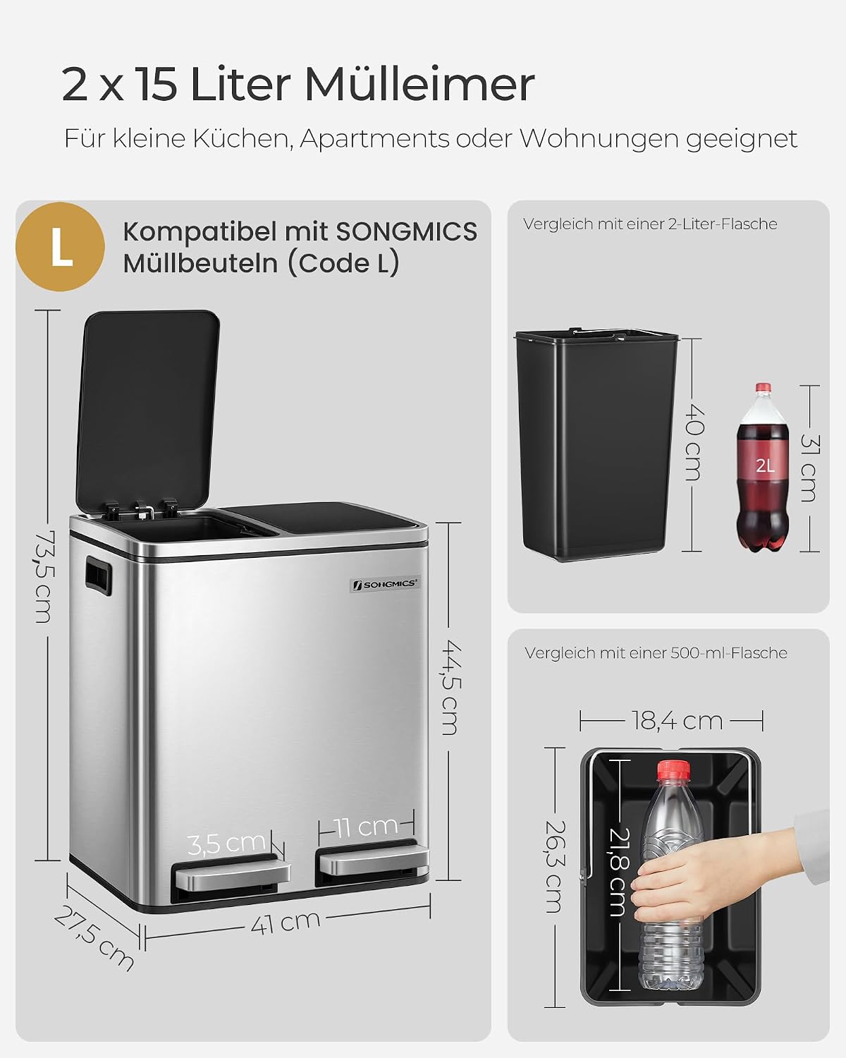 Thumbnail 6 de SONGMICS Küchen-Mülleimer LTB30H, 2×15 Liter Mülltrennsystem mit Softclose-Deckeln