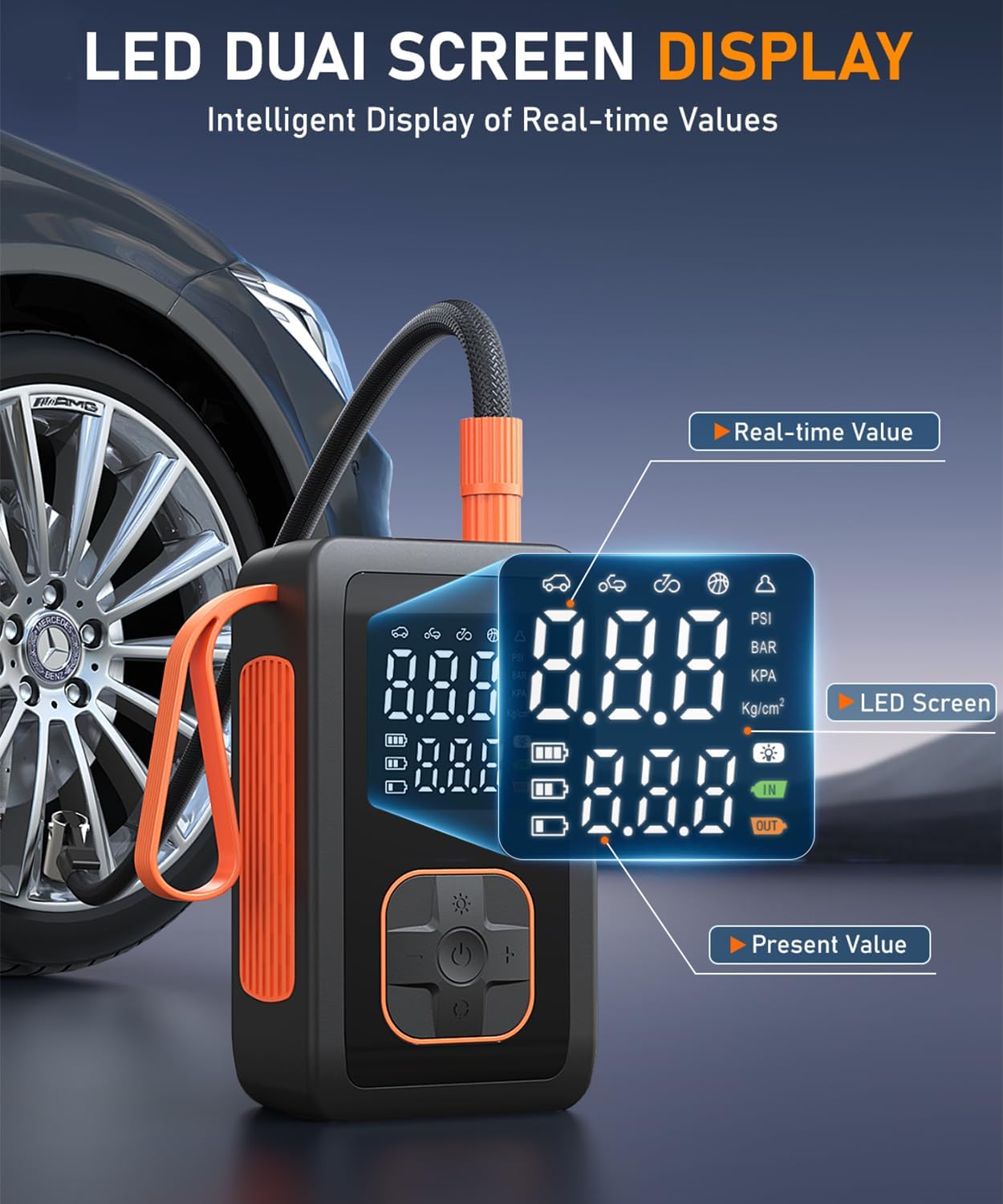 Detalle de Hafuloky Tire Inflator Portable Air Compressor (150 PSI) with Digital Gauge