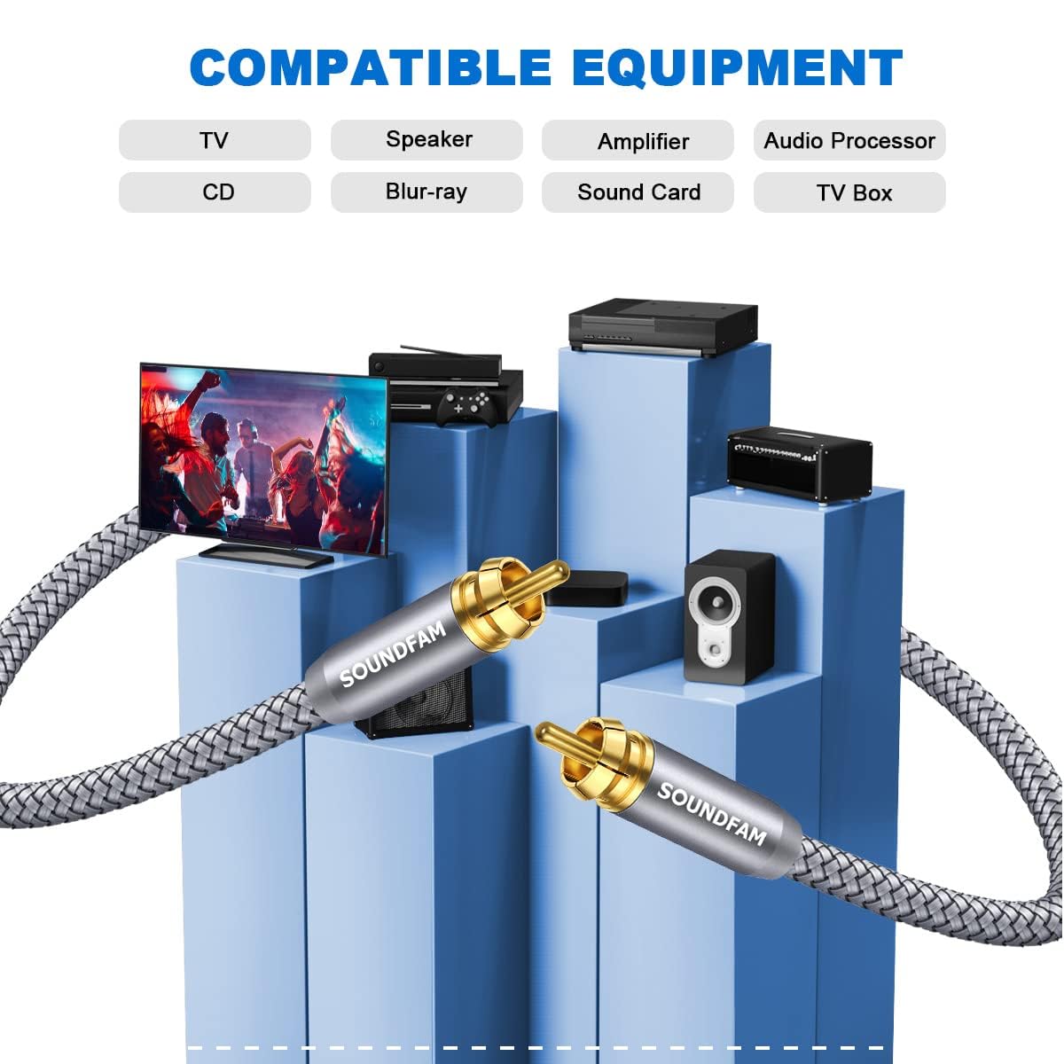 Thumbnail 1 de SOUNDFAM High-Performance RCA Subwoofer Cable 1m – 24K Gold Plated, 75Ω Coaxial, Dual Shielding