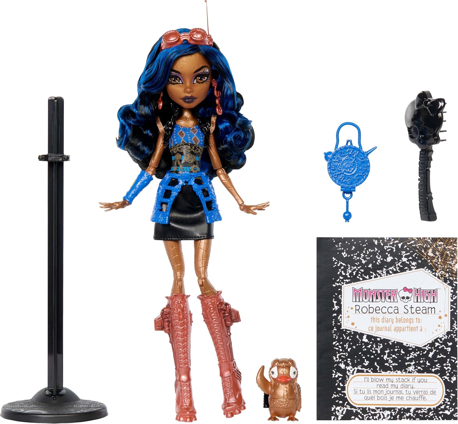 Detalle 1 de Monster High Boo-riginal Creeproduction Robecca Steam (JHK59) con peana, diario y mascota Captain Penny