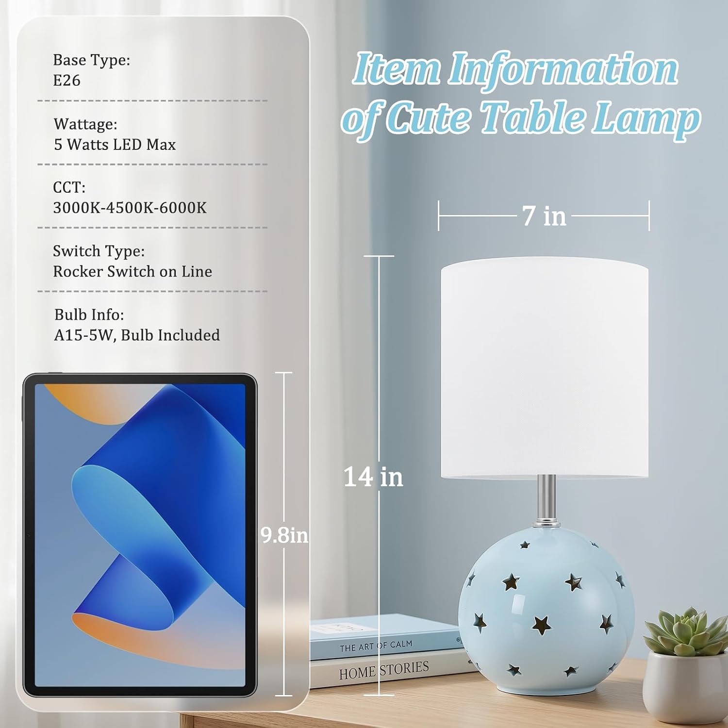 Detalle 2 de GyroVu G-1TL-230 Blue Ceramic Table Lamp, 14-Inch, Adjustable Colour Temperature
