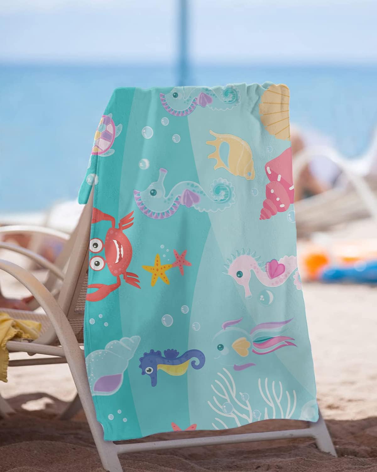 Detalle 2 de Rowjoy Telo da spiaggia per bambini Blue Ocean: asciugamano mare in microfibra con animali marini (60 x 120 cm)