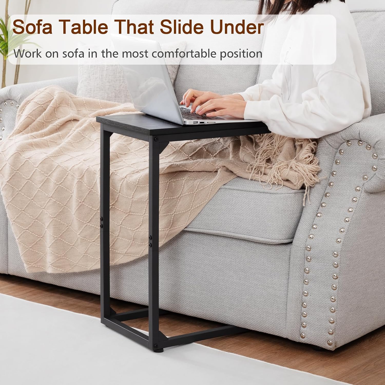 Detalle de AMHANCIBLE EHET02CBK C-Shaped Side Tables, Set of 2, Black Metal Frame