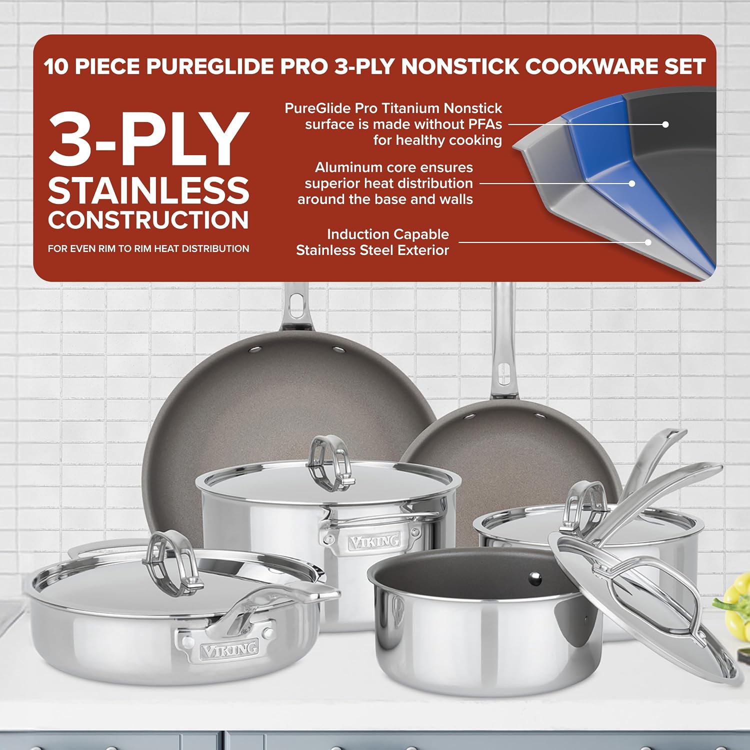 Detalle 2 de Viking PureGlide Pro 3-Ply 10-Piece Nonstick Cookware Set (PFAS-Free) — Induction & Oven Safe to 600F