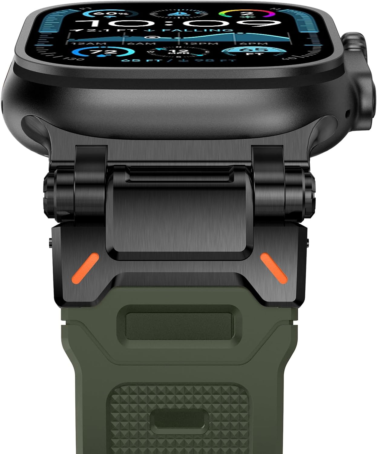 Detalle de Fullife liquid silicone sports strap with stainless steel connector (green/black) for Apple Watch 42–49mm