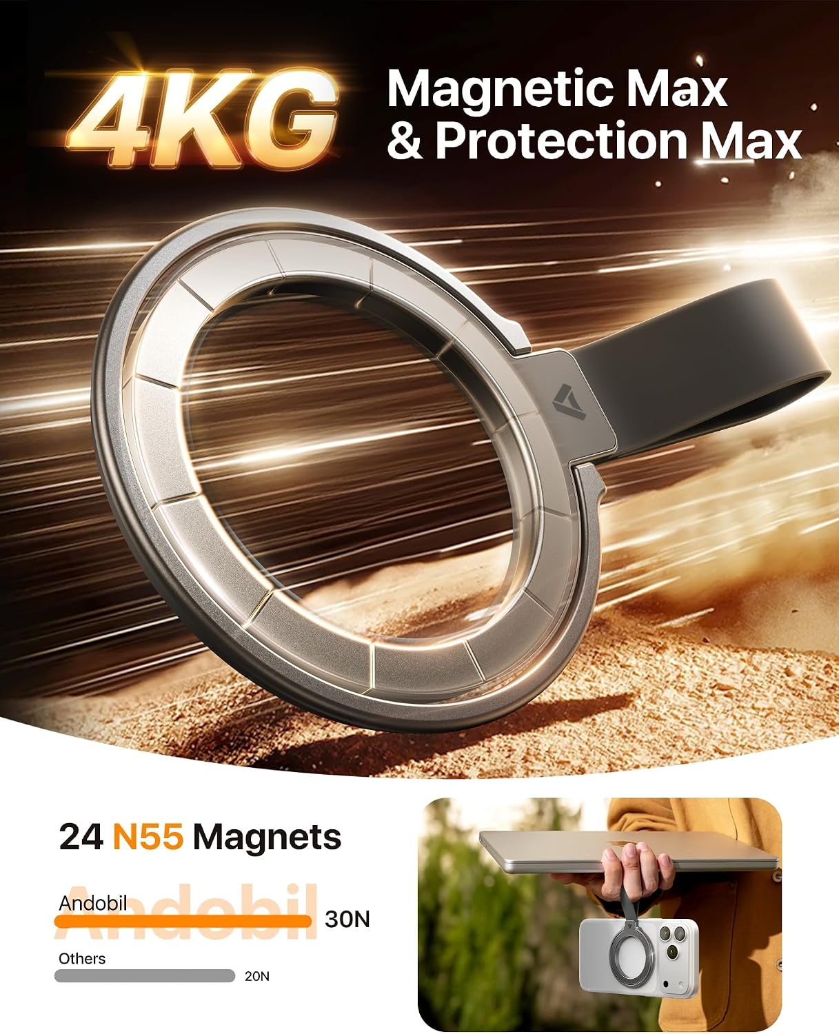 Detalle de andobil ZDH-02 MagSafe Phone Grip and Kickstand, Dual-Sided Magnet