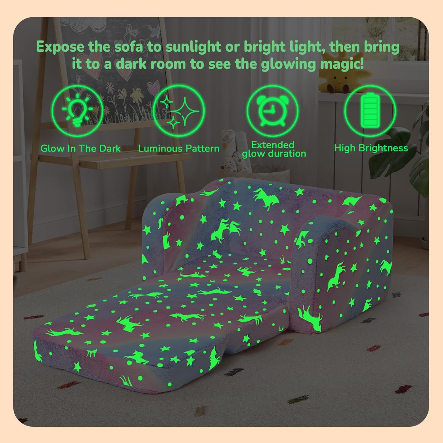 Detalle de MeMoreCool Glowing Rainbow Unicorn Kids Chair (Convertible 2-in-1 Fold-Out Kids Couch)