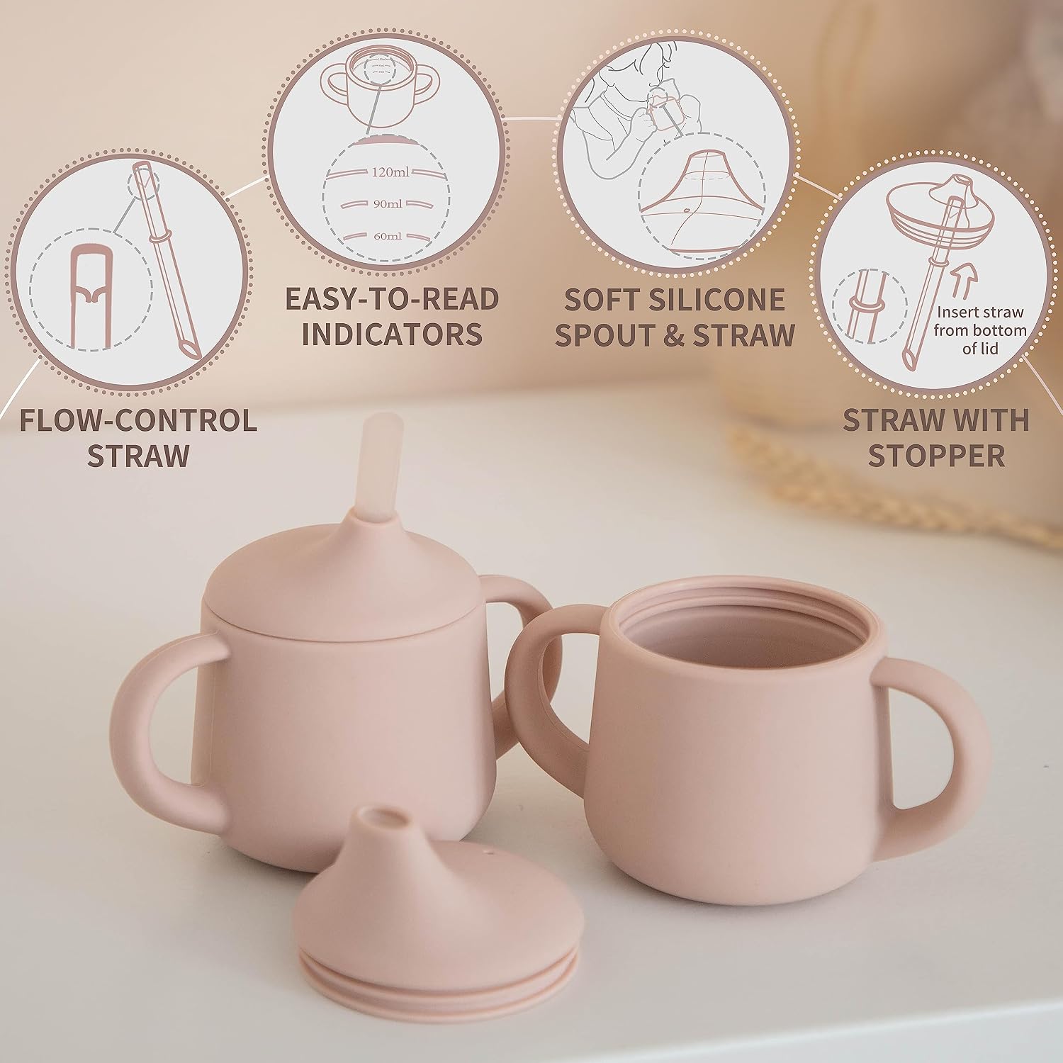 Thumbnail 2 de Moonkie Silicone Baby Sippy Cup 120ml: 6+ Months with 2 Straws, 3-Stage Transition