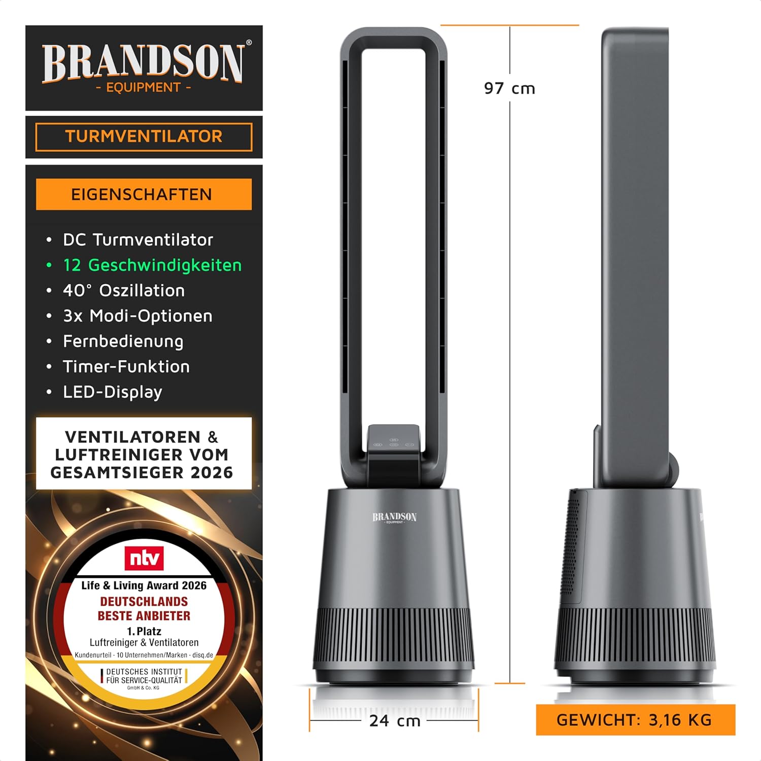 Thumbnail 2 de Brandson Turmventilator DC ECO Line – leiser DC-Motor, 12 Stufen, Sleep-Modus, Fernbedienung