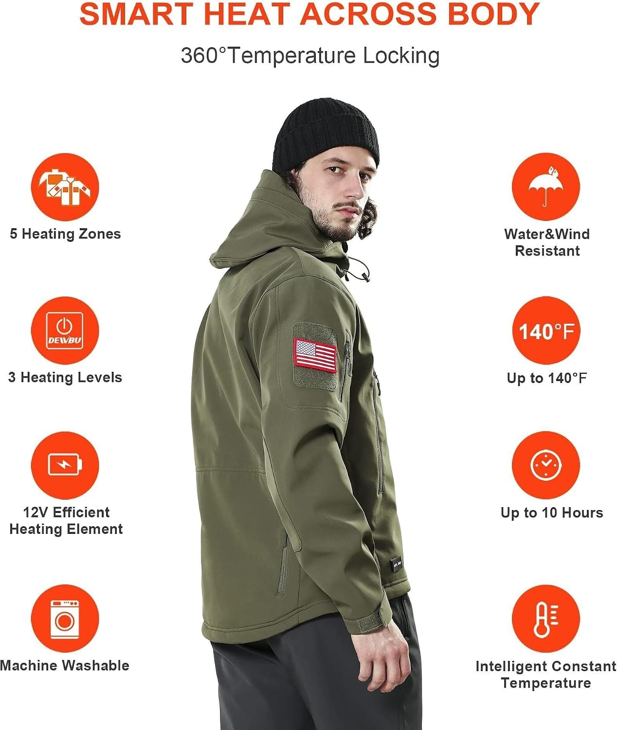 Detalle de DEWBU DB-0125 Heated Jacket for Men, 5 Heating Zones, 12V Battery