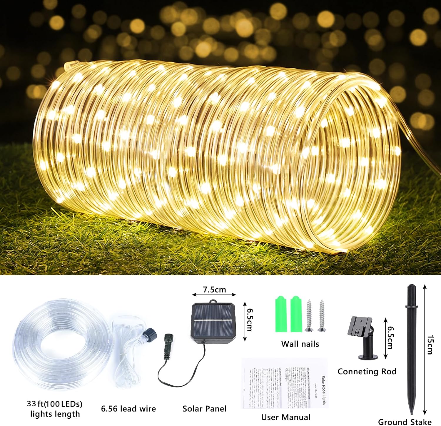Detalle 2 de Jnaurb Solar Rope Lights, 66 ft, 200 LEDs, 8 Modes, Warm White