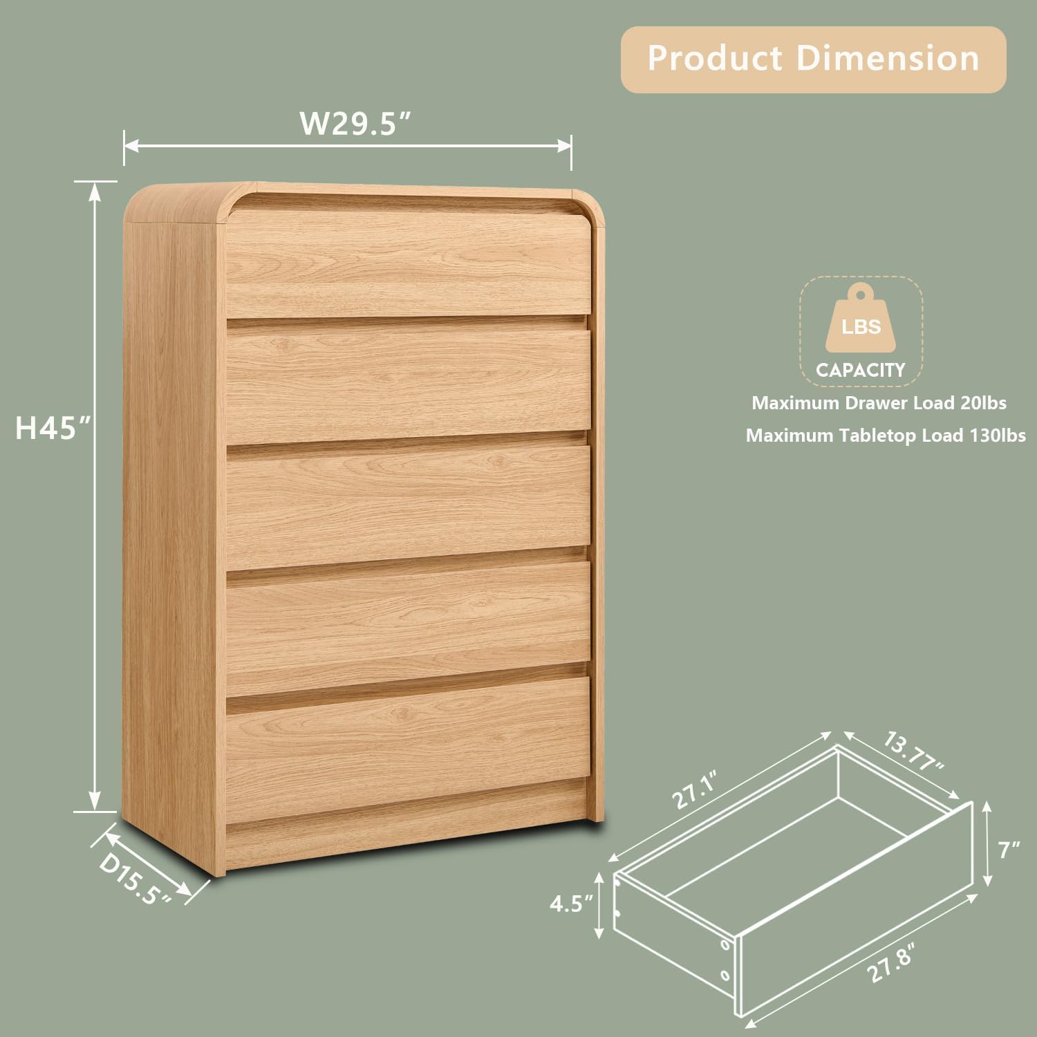 Detalle 2 de Aitjunz 5-Drawer Dresser, Natural Oak