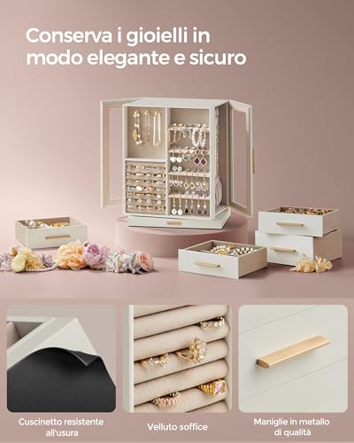 Detalle de SONGMICS GISELLA Collezione – Portagioie girevole a 360° con 5 cassetti, vetro e 18 ganci per collane, bianco nuvola JBC170W01