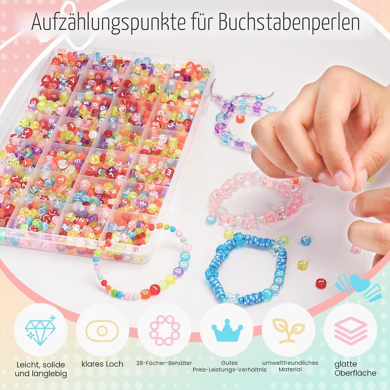 Thumbnail 6 de FZIIVQU Buchstaben Perlen Kit – 1450 Teile, Acryl 4x7 mm, DIY Freundschaftsarmbänder mit A–Z, Herz- und Smiley-Perlen