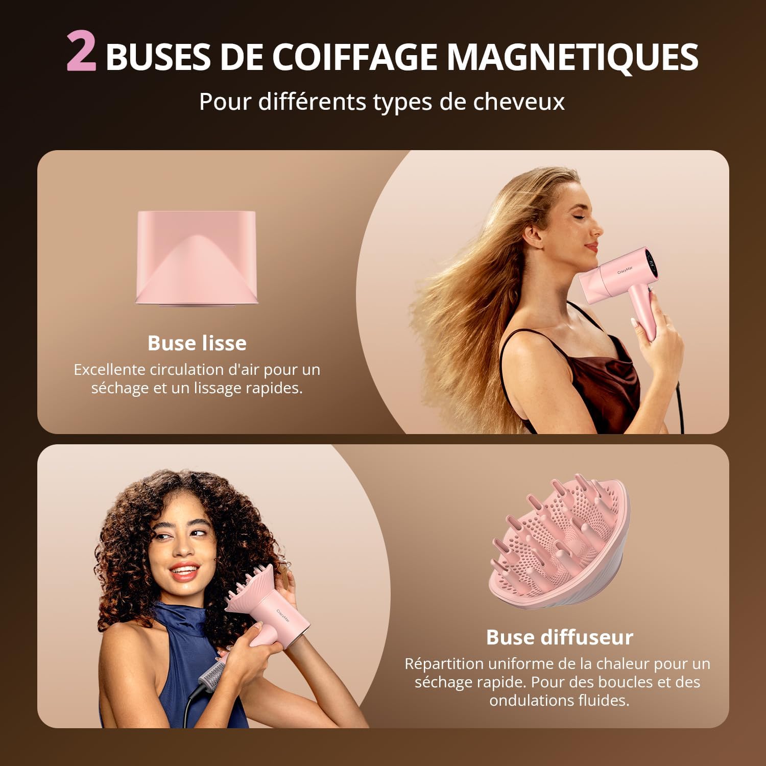 Thumbnail 5 de Seche Cheveux Ionique 180 000 tr/min – Sèche Cheveux Professionnel Rose (4 températures, 2 vitesses, 2 buses)