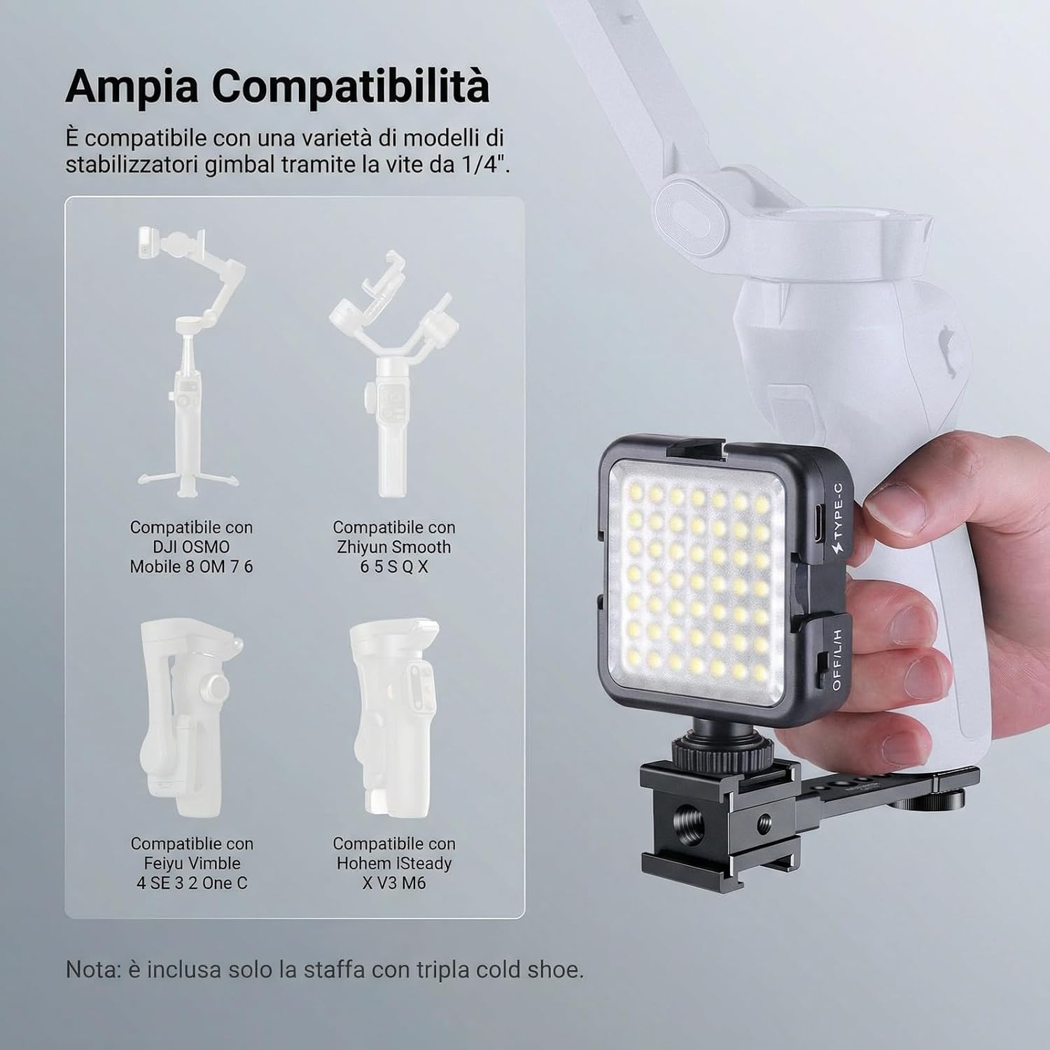 Detalle de NEEWER CA173 piastra di estensione a triplo cold shoe per supporto microfono e luce LED su gimbal